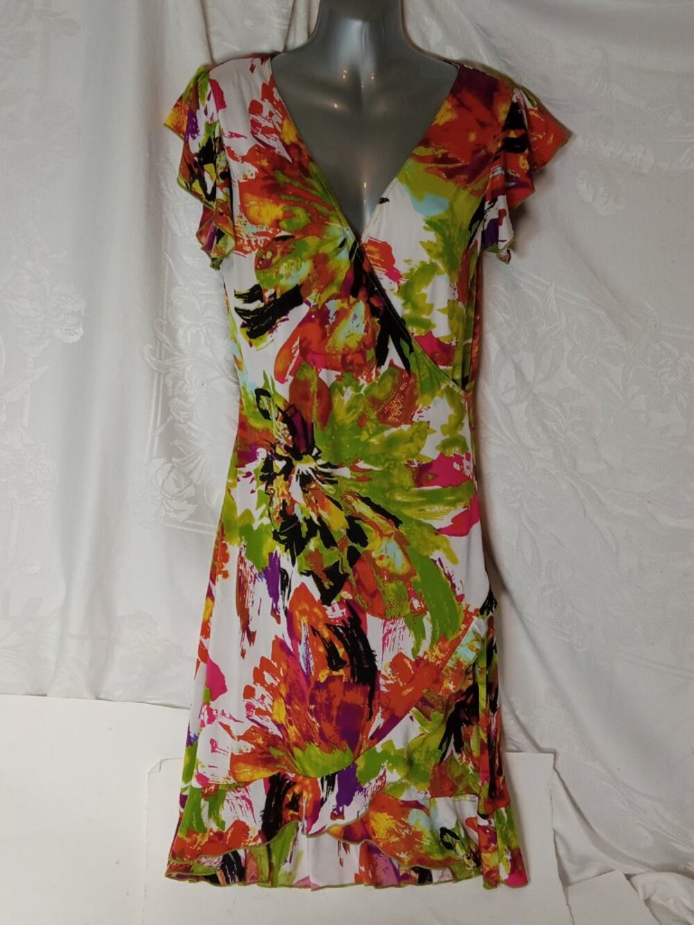 RENUAR Women's TROPICAL Floral Green Orange Long Ruffle Sleeve Dress Sz S Wrap